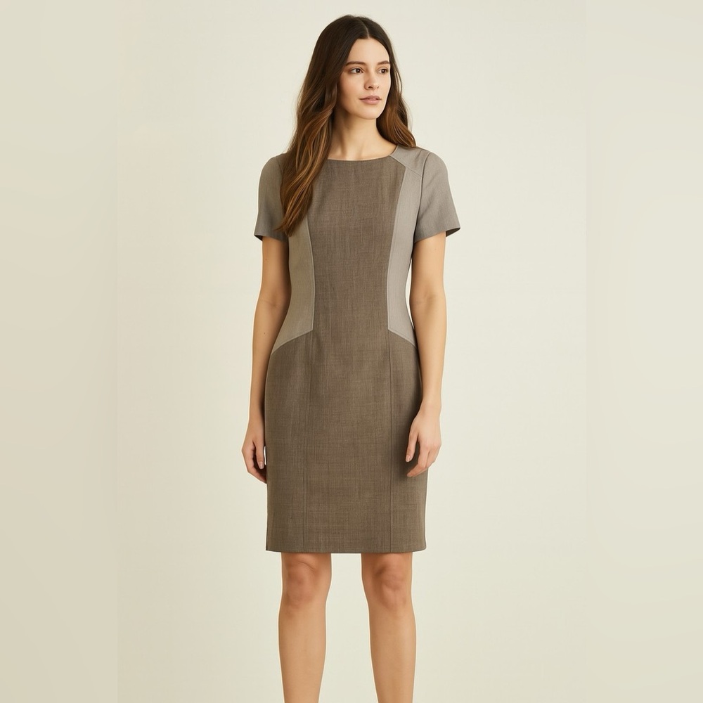 Antonio Melani Taupe Brown Colorblock Quiet Luxury Work Sheath Pencil Dress 2 XS